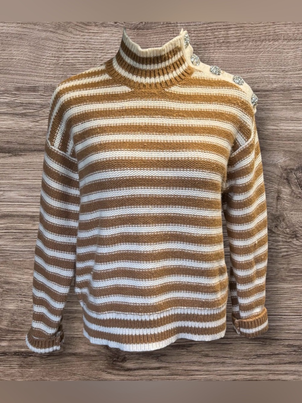 J.Crew Cable-Knit Mockneck Pullover in Stripe with Jewel Buttons SZ M